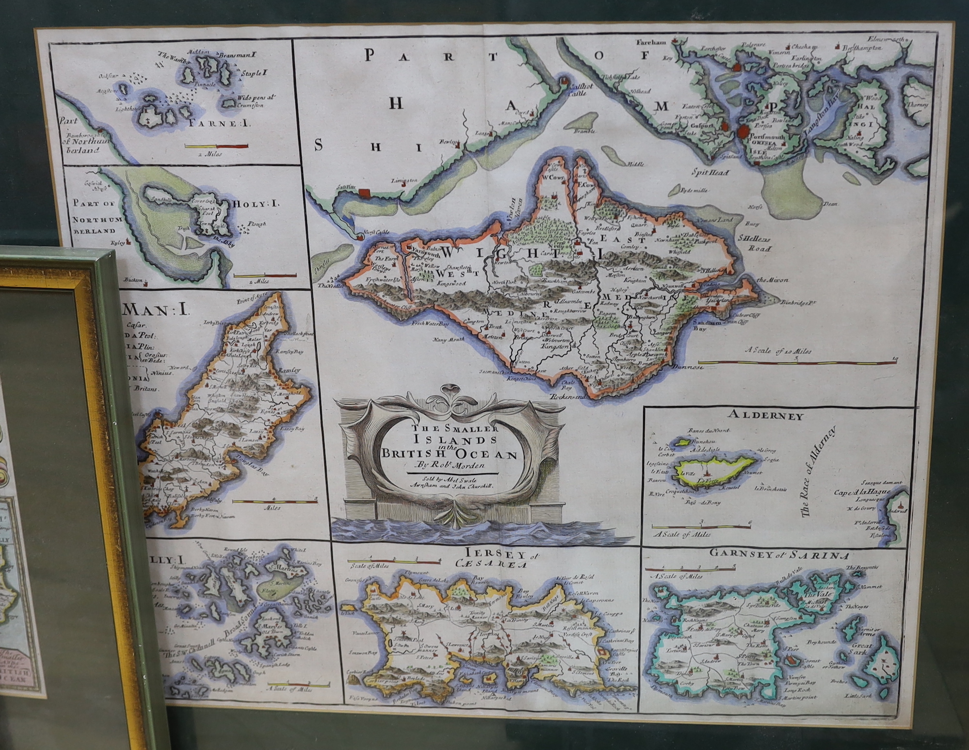 Robert Morden (1650-1703), hand coloured map, The smaller islands in the British Ocean, sold by Abel Swale, Awnsham and John Churchill, 37 x 42cm, The Road from London to Southampton, the Smaller Islands of the British O